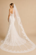 One - Tier Vintage Tulle Lace Edge Chapel Veils Appliques Wedding Veil in White - SHE IS ME Wedding Veils