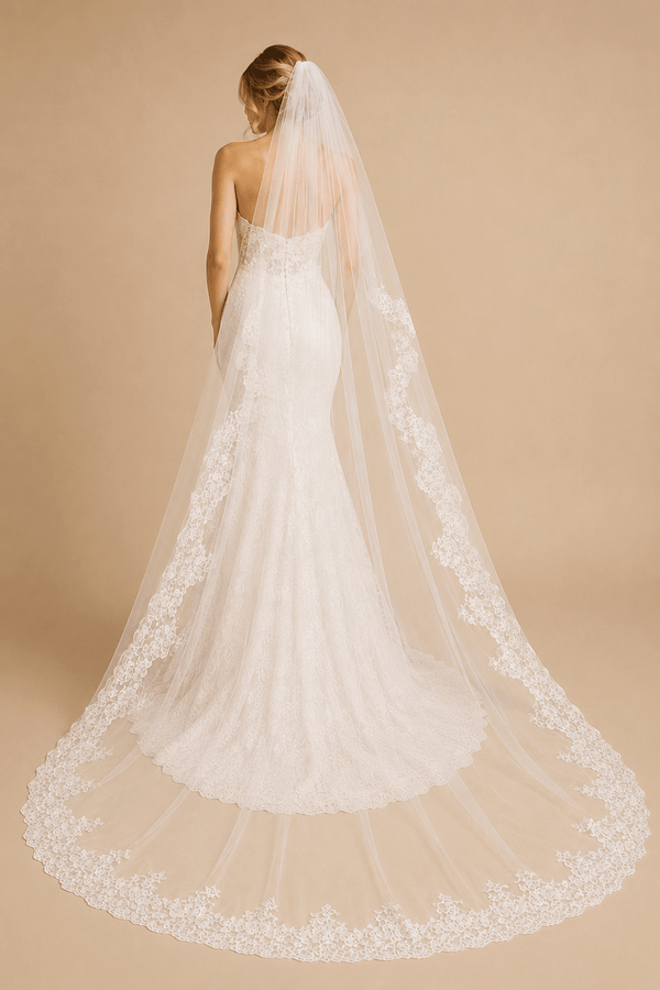 One - Tier Vintage Tulle Lace Edge Chapel Veils Appliques Wedding Veil in White - SHE IS ME Wedding Veils