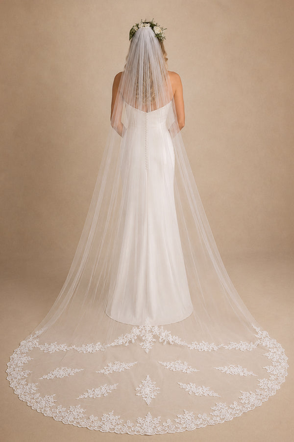 One Tier White Cathedral Veils Simple with Lace Train in White - SHE IS ME Wedding Veils
