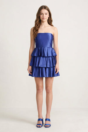 Navy Blue Strapless A Line Satin Ruffle Short Homecoming Dress - SHEISME