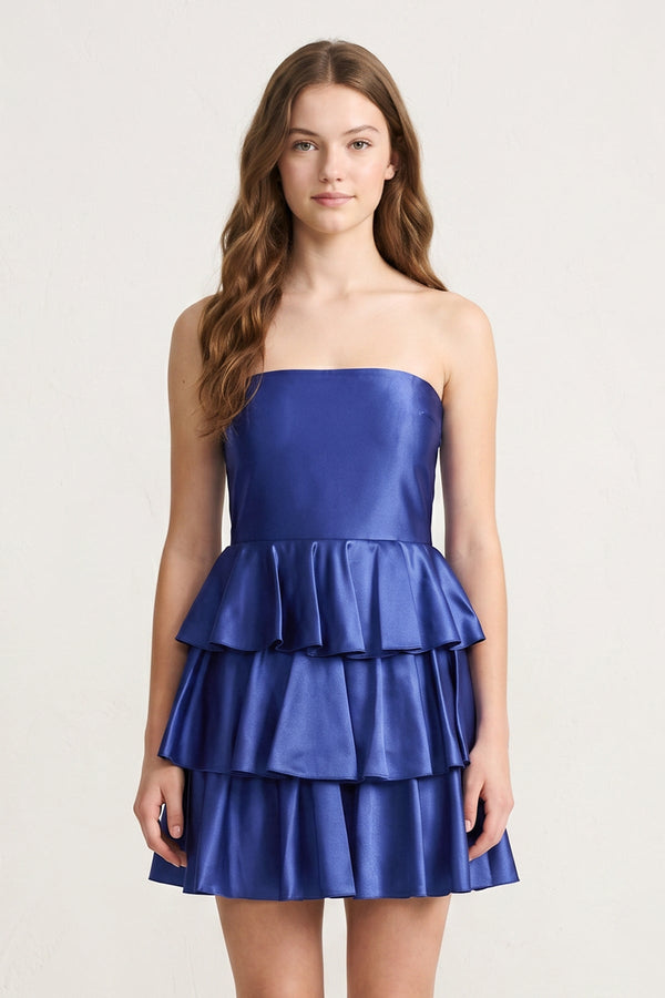 Navy Blue Strapless A Line Satin Ruffle Short Homecoming Dress - SHEISME