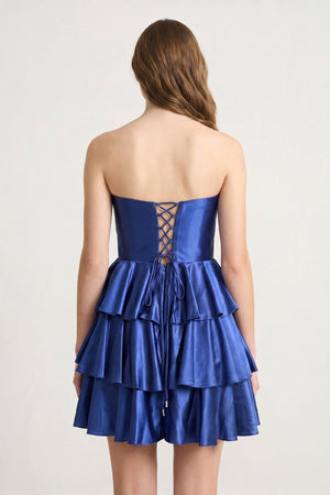 Navy Blue Strapless A Line Satin Ruffle Short Homecoming Dress - SHEISME