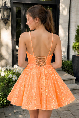 Orange A-line V Neck Sequins Homecoming Dress | SHEISME