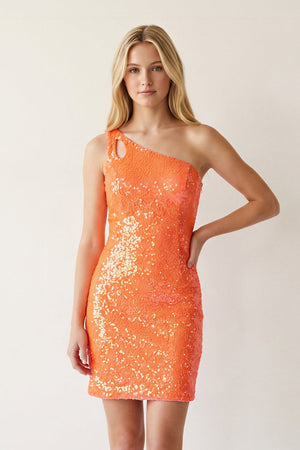Orange Bodycon One Shoulder Sequins Mini Party Dresses | SHEISME