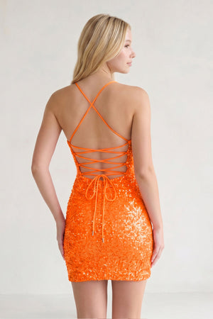 Orange Glitter Orange Sequin Spaghetti Straps Lace Up Tight Mini Party Dresses-SHEISME