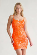 Orange Glitter Orange Sequin Spaghetti Straps Lace Up Tight Mini Party Dresses-SHEISME