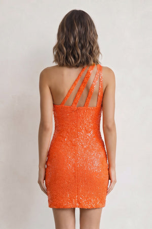 Orange Sheath One Shoulder Sequins Mini Party Dresses - SHEISME