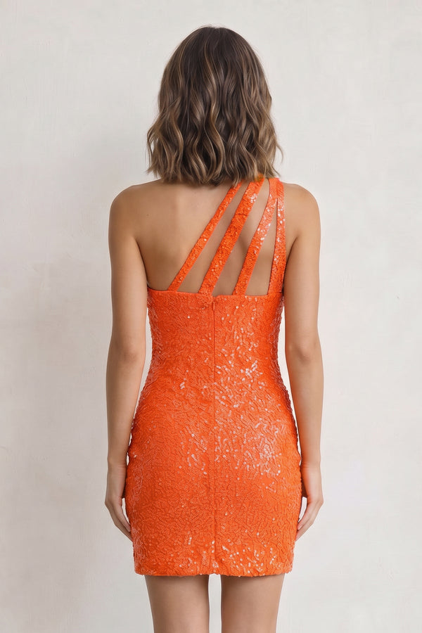 Orange Sheath One Shoulder Sequins Mini Party Dresses - SHEISME