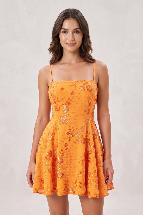 Orange Spaghetti Straps A-Line Embroidered Sequined Tulle Homecoming Dress | SHEISME