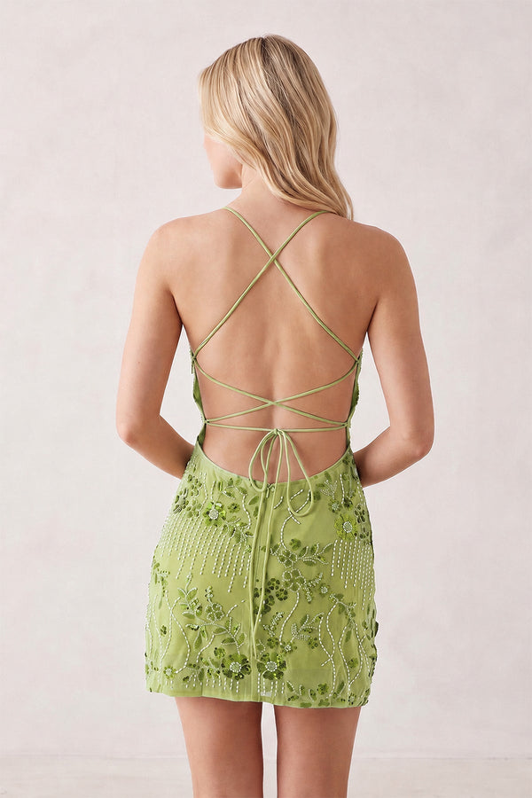 Green Spaghetti Straps Sheath Embroidered Tulle Homecoming Dress (2) | SHEISME