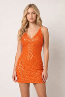 Orange Sparkly Spagehetti Straps Sequins Open Back Mini Party Dresses | SHEISME