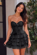 Black A Line Tulle Ruffles Sweetheart Short Homecoming Dresses with Bow - SHEISME