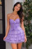 Lavender A Line Tulle Ruffles Sweetheart Short Homecoming Dresses with Bow - SHEISME