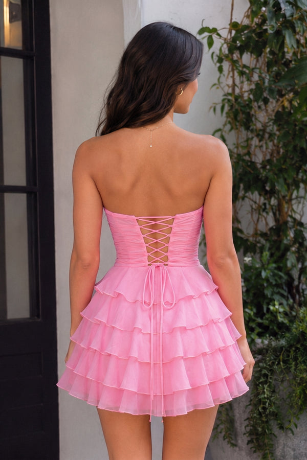 Pink A Line Tulle Ruffles Sweetheart Short Homecoming Dresses with Bow - SHEISME