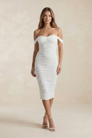 Pearl Off - the - Shoulder Sheath Ruched Midi Wedding Dress in White - SHE IS ME Wedding Dresses