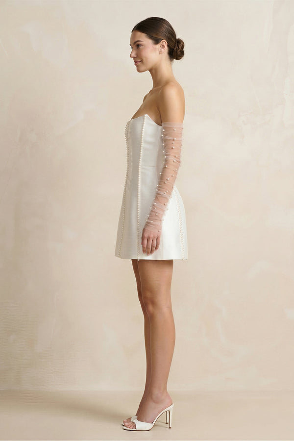 Pearl Satin Sheath Strapless Wedding Dress in White - SHE IS ME Wedding Dresses