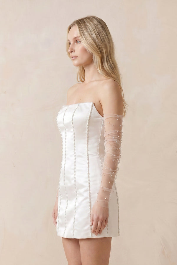 Violette| Pearl Satin Sheath Strapless Wedding Dress in White
