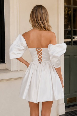 Ivory A Line Satin Square Neck Puffed Sleeves Short Homecoming Dresses - SHEISME