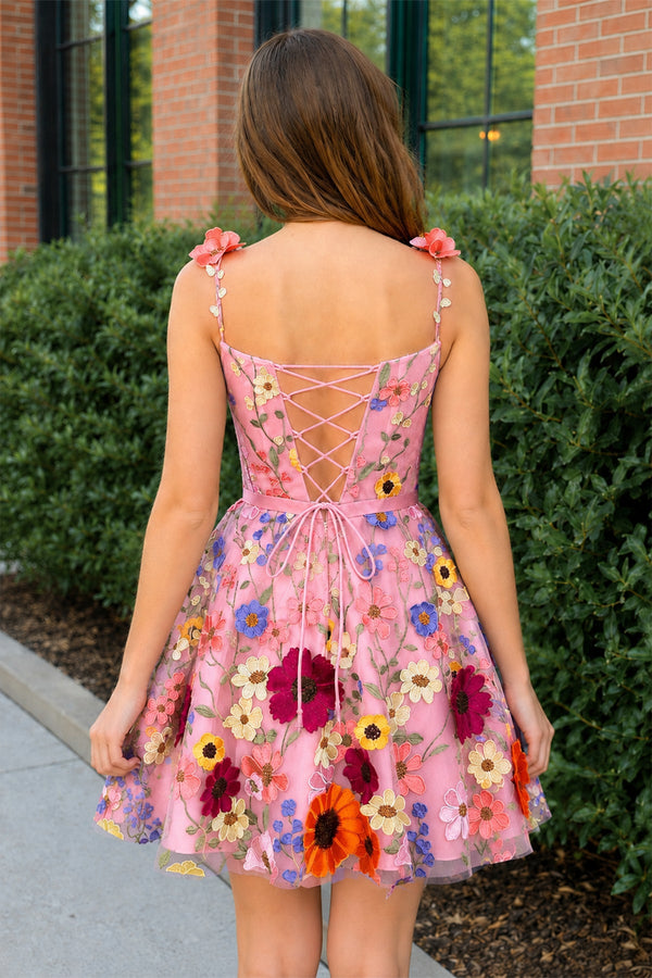 Pink A Line Floral Short Homecoming Dress With 3D Flowers | SHEISME