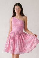 Pink A-Line One Shoulder Sequins Homecoming Dress-SHEISME