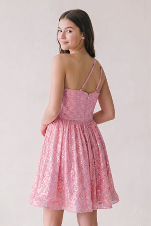 Pink A-Line One Shoulder Sequins Homecoming Dress-SHEISME
