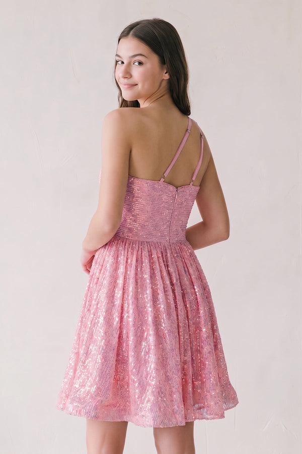 Pink A-Line One Shoulder Sequins Homecoming Dress-SHEISME