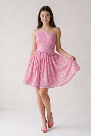 Pink A-Line One Shoulder Sequins Homecoming Dress-SHEISME