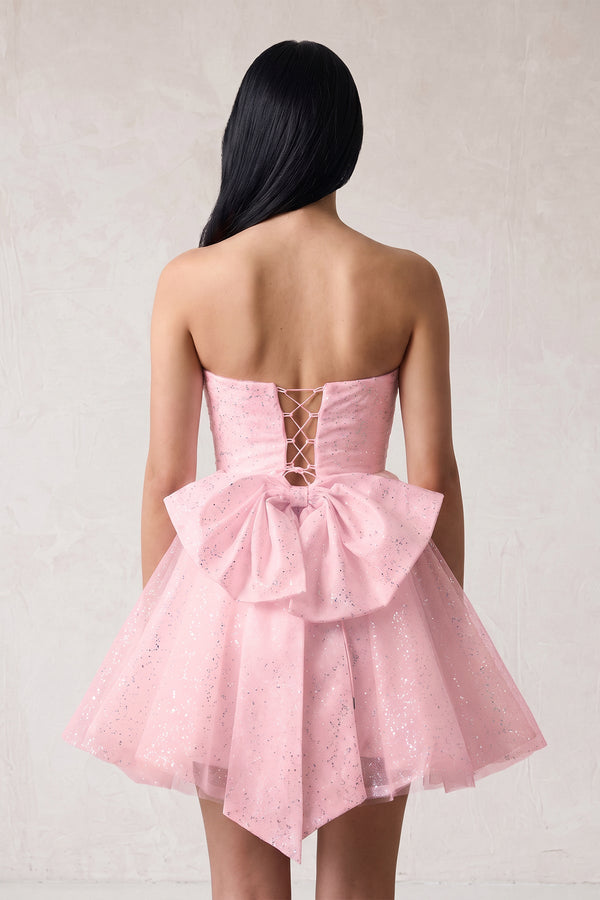 Pink A Line Strapless Glitter Tulle Ruffled Homecoming Dresses with Bow (2) | SHEISME