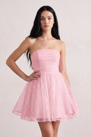 Pink A Line Strapless Glitter Tulle Ruffled Homecoming Dresses with Bow | SHEISME