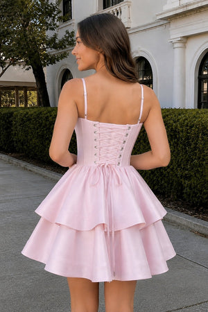 Pink A Line Sweetheart Satin Ruffles Short Homecoming Dress | SHEISME