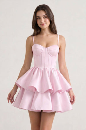 Pink A Line Sweetheart Satin Ruffles Short Homecoming Dress | SHEISME