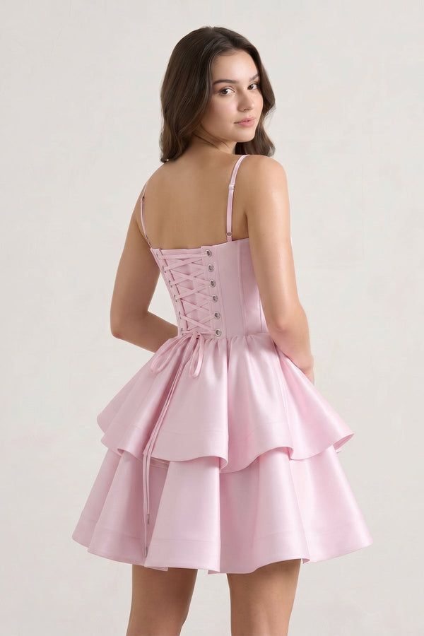 Pink A Line Sweetheart Satin Ruffles Short Homecoming Dress | SHEISME