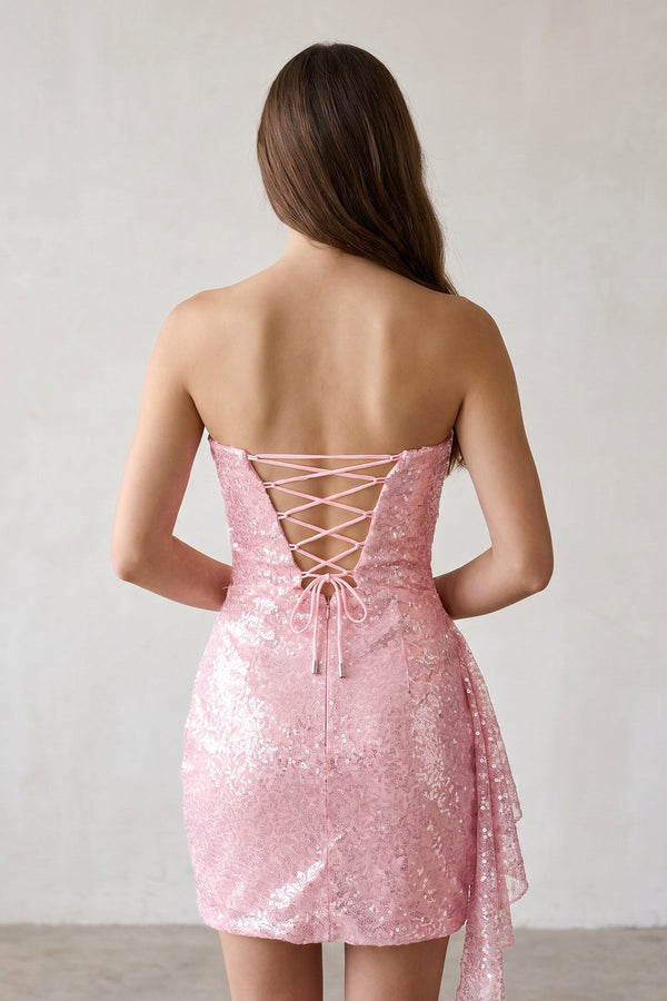 Pink - Strapless Sheath Sequins Mini Party Dresses With Side Train