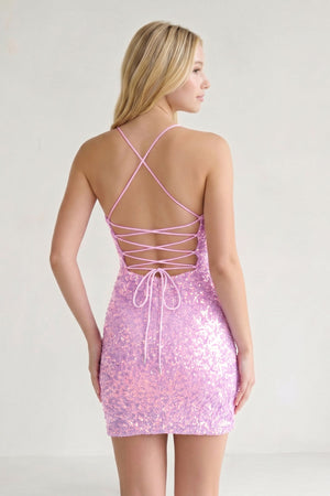 Pink Glitter Pink Sequin Spaghetti Straps Lace Up Tight Mini Party Dresses-SHEISME