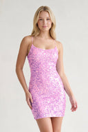 Pink Glitter Pink Sequin Spaghetti Straps Lace Up Tight Mini Party Dresses-SHEISME