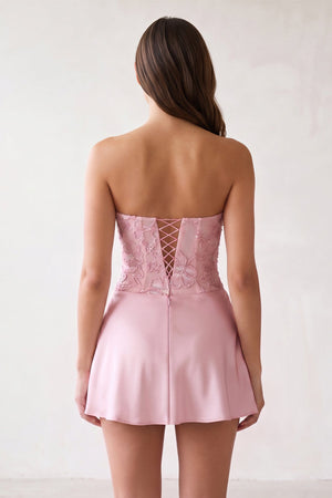 Pink Embroidered A-Line Strapless Satin Homecoming Dress | SHEISME