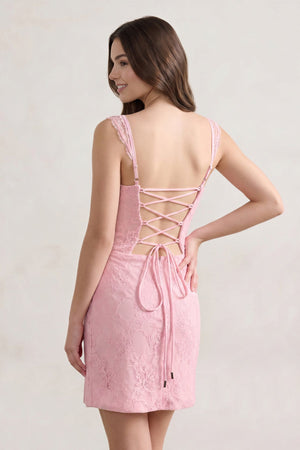 Pink Scoop Neck Sheath Lace Short Homecoming Dress With Slit-SHEISME
