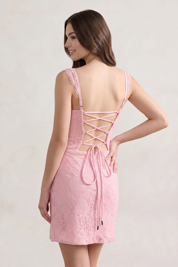 Pink Scoop Neck Sheath Lace Short Homecoming Dress With Slit-SHEISME
