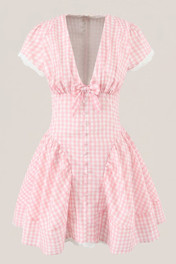 Pink Gingham Cotton A - Line Mini Dress - SHE IS ME Dresses