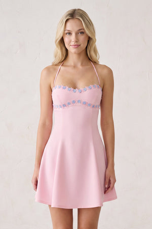 Pink Halter A-Line Embroidery Satin Short Homecoming Dress (3) | SHEISME