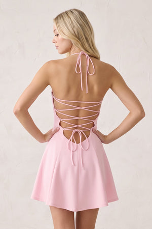Pink Halter A-Line Embroidery Satin Short Homecoming Dress (4) | SHEISME