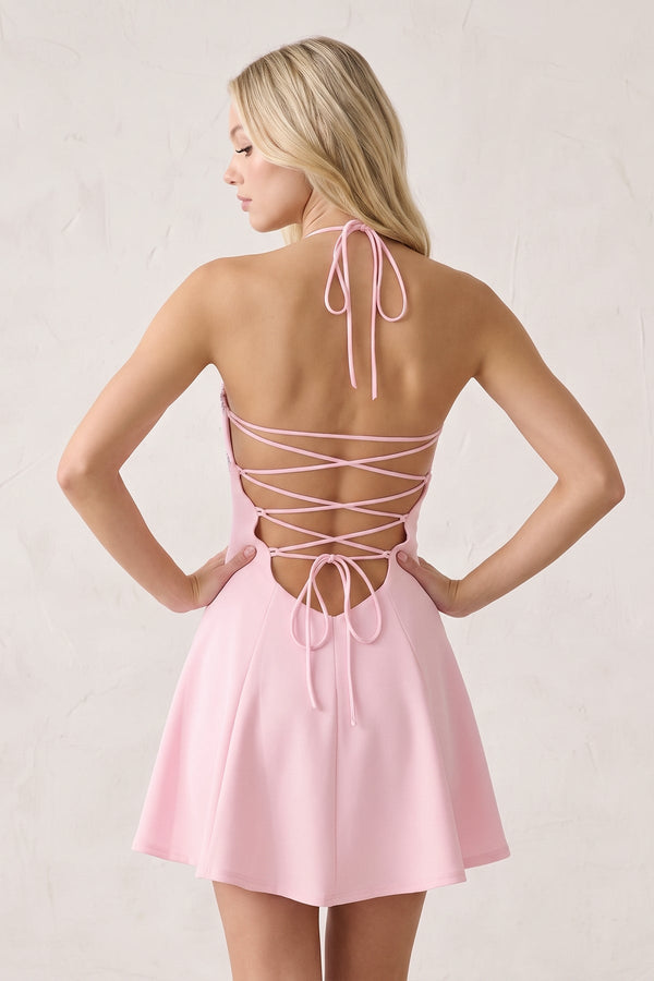 Pink Halter A-Line Embroidery Satin Short Homecoming Dress (4) | SHEISME
