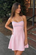 Pink Halter A-Line Embroidery Satin Short Homecoming Dress | SHEISME