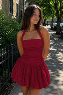 Burgundy Halter Jacquard Chiffon A-Line Homecoming Dress | SHEISME