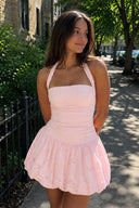 Pink Halter Jacquard Chiffon A-Line Homecoming Dress | SHEISME