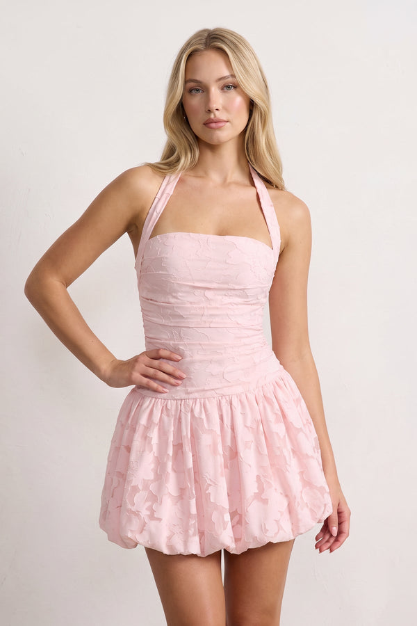 Pink Halter Jacquard Chiffon A-Line Homecoming Dress | SHEISME