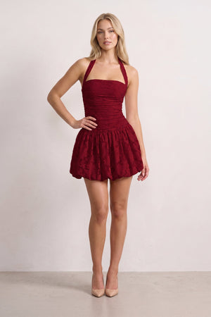 Burgundy Halter Jacquard Chiffon A-Line Homecoming Dress | SHEISME