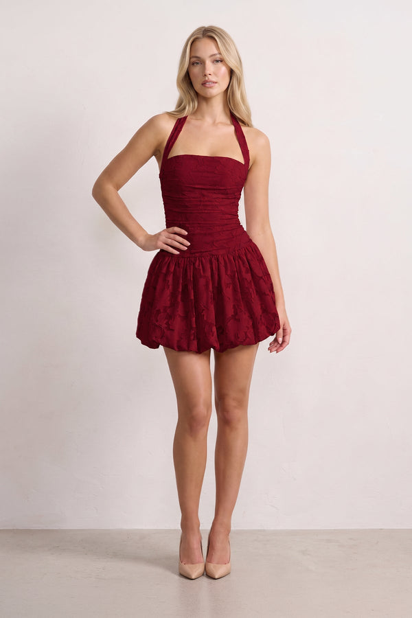 Burgundy Halter Jacquard Chiffon A-Line Homecoming Dress | SHEISME