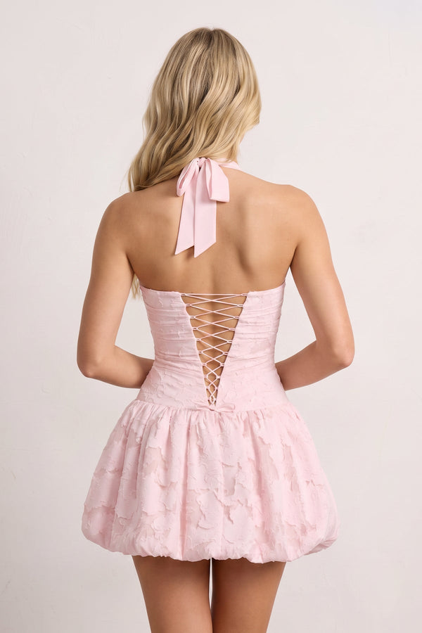 Pink Halter Jacquard Chiffon A-Line Homecoming Dress | SHEISME