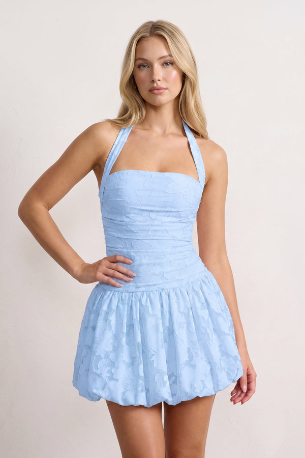 Sky Blue Halter Jacquard Chiffon A-Line Homecoming Dress | SHEISME
